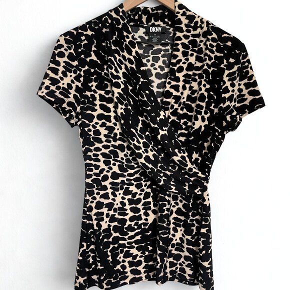 Dkny Tops - DKNY Leopard Print Wrap Top Size Small Black Tan Short Sleeve